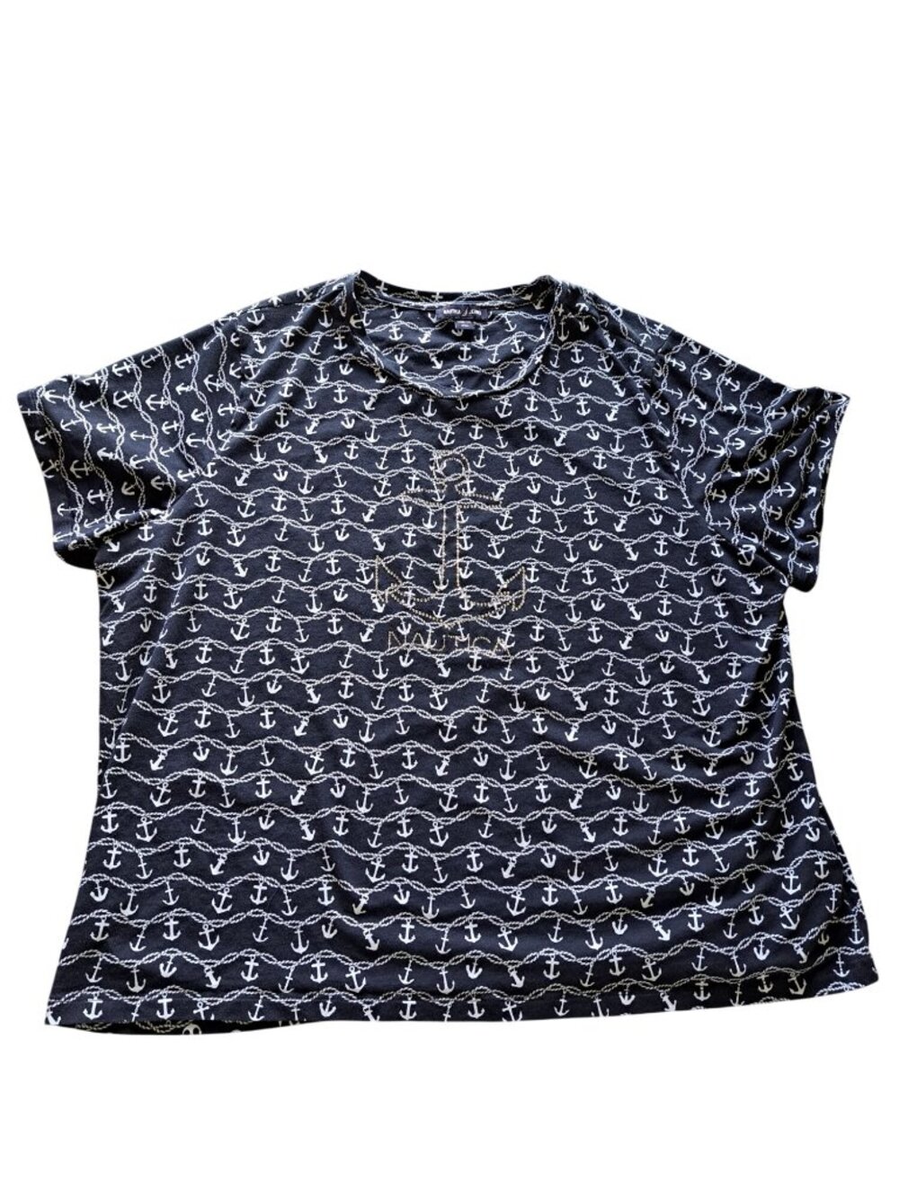 Nautica Plus Size 2XL Anchor & Rope Women's Short Sleeve Shirt Rhinestone